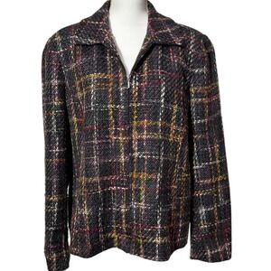 Coldwater‎ Creek XL Tweed Jacket Plaid Multicolor Half Zip Long Sleeve Coat